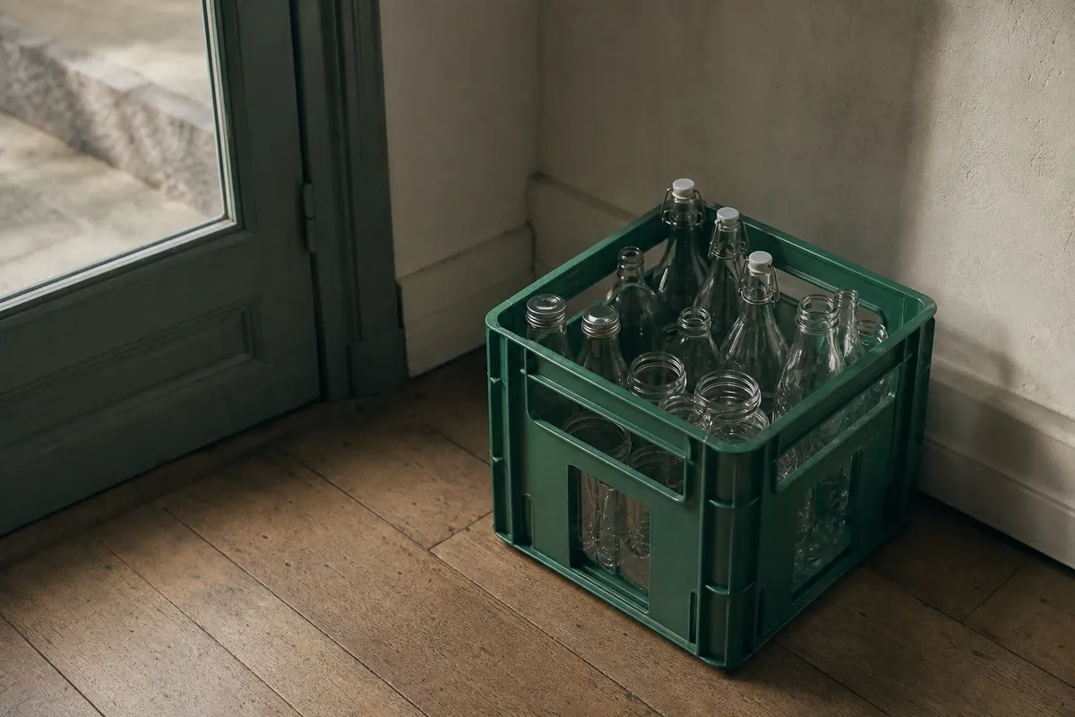 Bac de collecte vert rempli de bouteilles et de bocaux en verre
