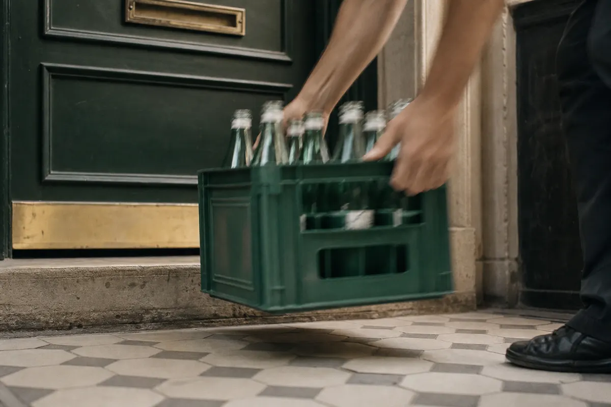 Un bac de bouteilles soulevé devant une porte, le temps du passage