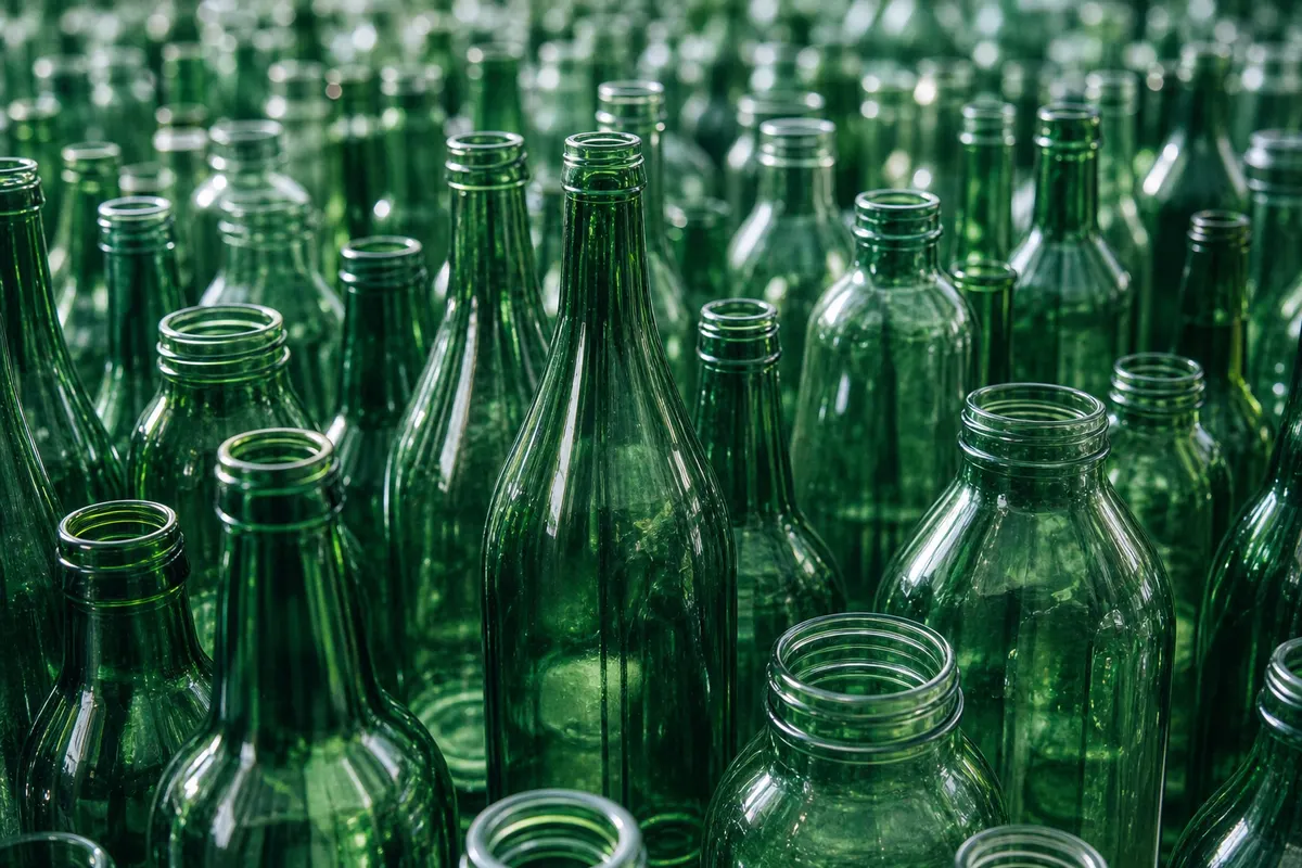Bouteilles en verre vert regroupées avant leur valorisation