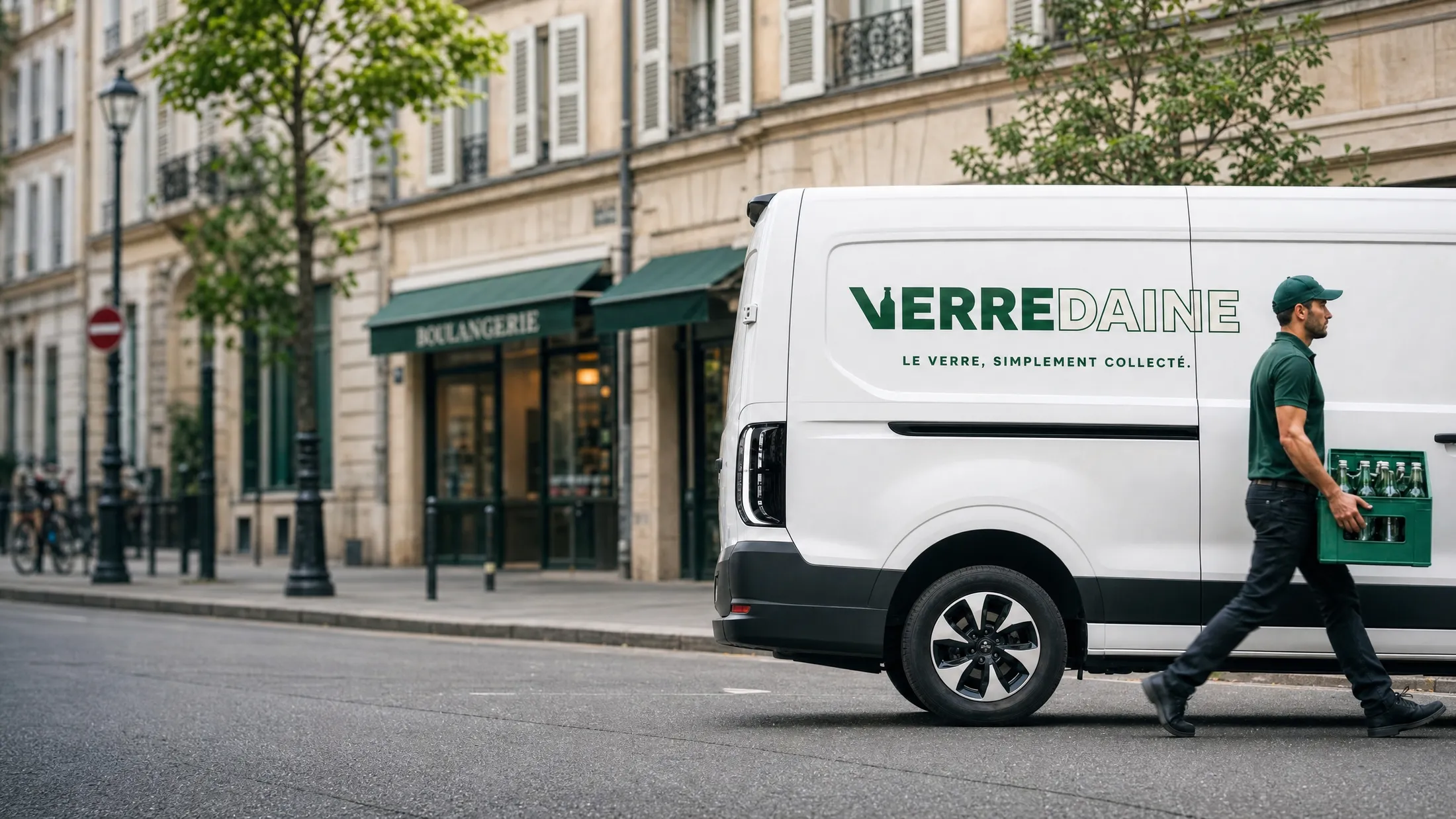 Le camion Verredaine stationné dans une rue, un collecteur portant une caisse de bouteilles en verre